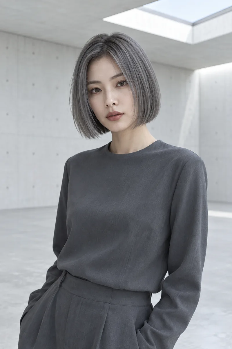Cool stone-gray blunt bob in a pale concrete gallery