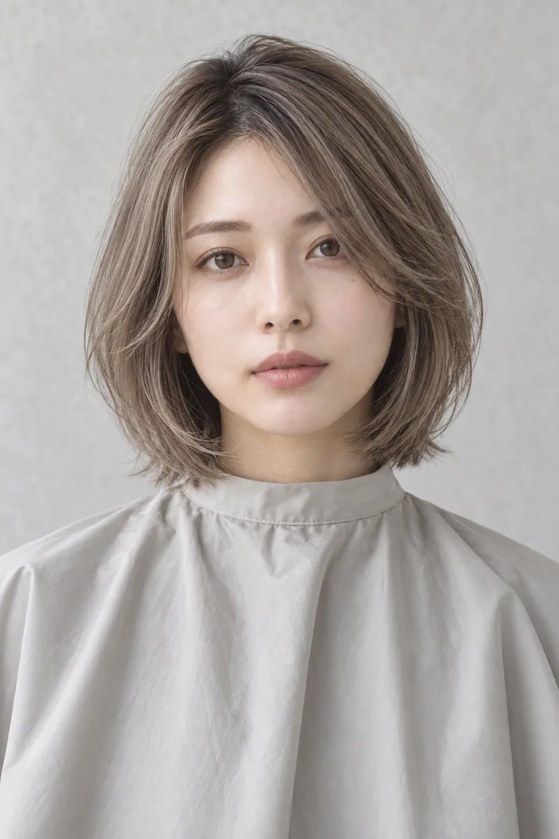 Cool Stone Grey Brown 深色根部中長 Layered Bob 與 Mushroom Beige Sheen 光澤的未來髮型編輯用形象