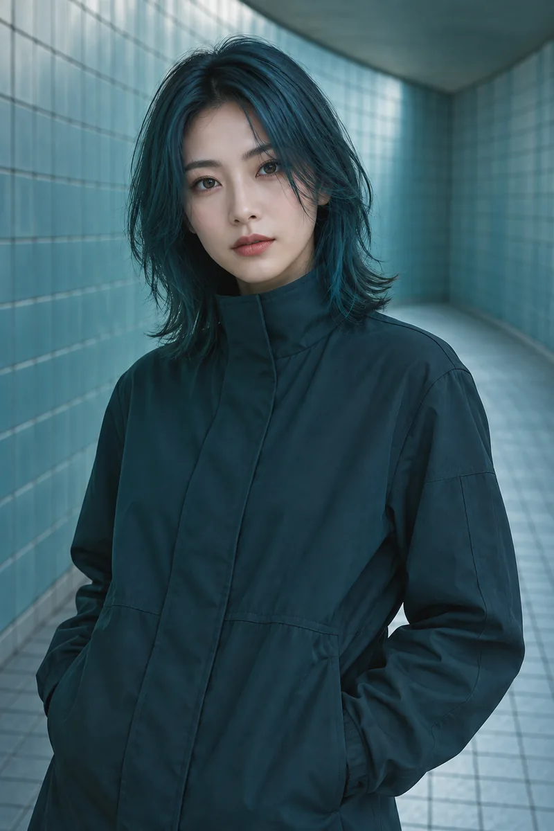 Deep teal shoulder-length shag in a blue-green tiled passage