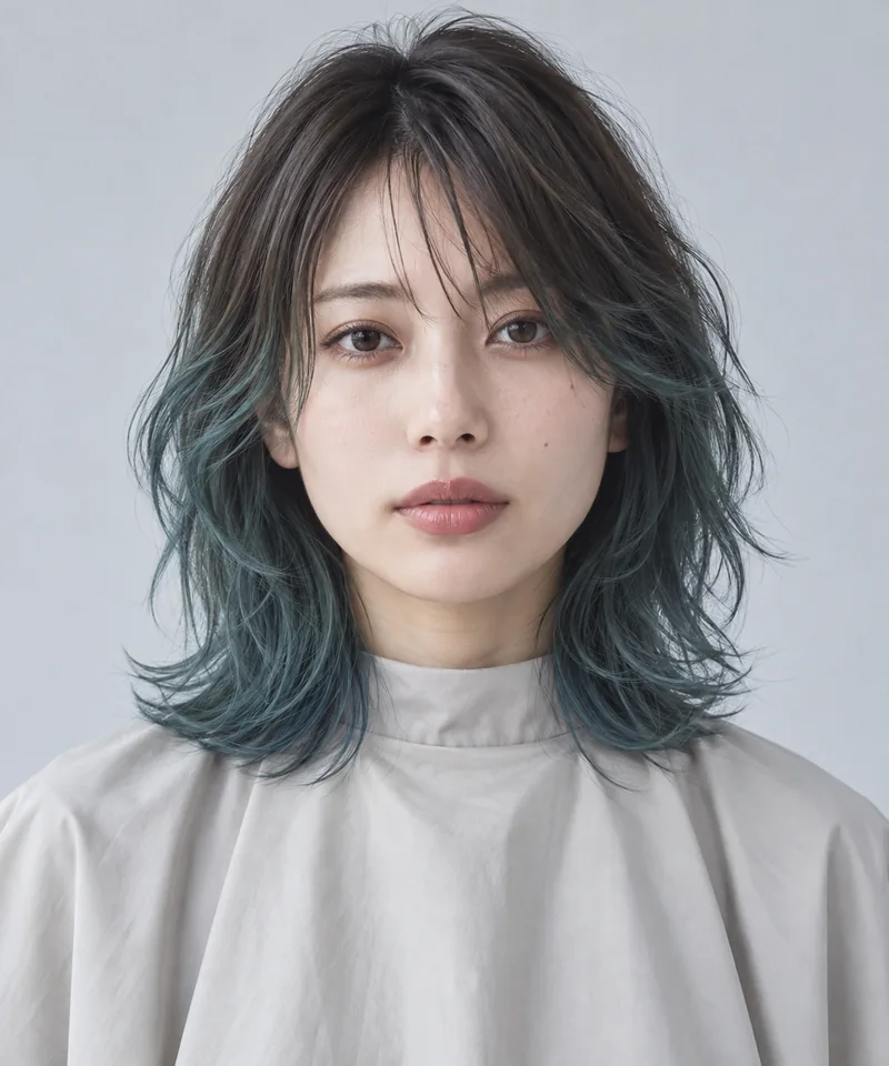 Deep Espresso Teal Blue Green 深色根部肩長 Layered Shag 與 Smoky Surface Texture 光澤的未來髮型編輯用形象