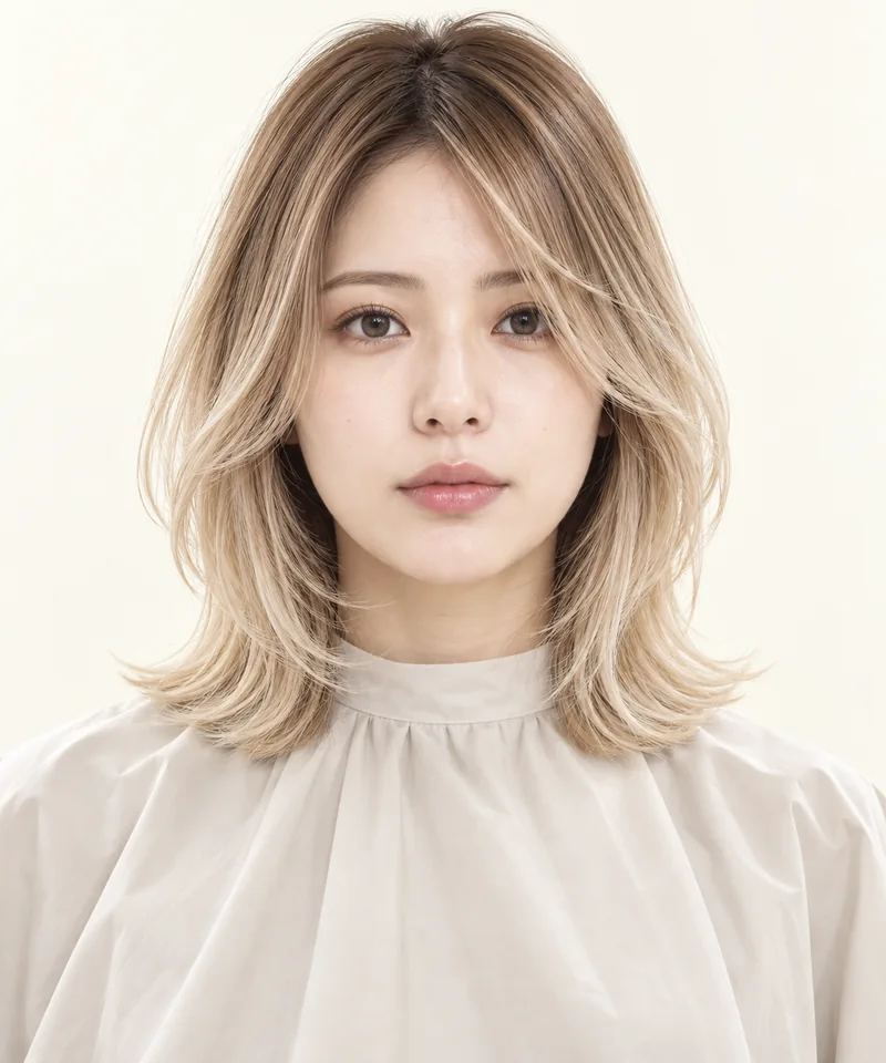 Soft Vanilla Cream Blonde 深色根部肩長 Airy Layered Cut 與 Vanilla Silk Gloss 光澤的未來髮色編輯用形象