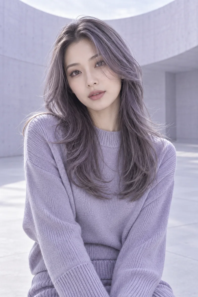 Cool violet-gray long layers in a pale concrete atrium