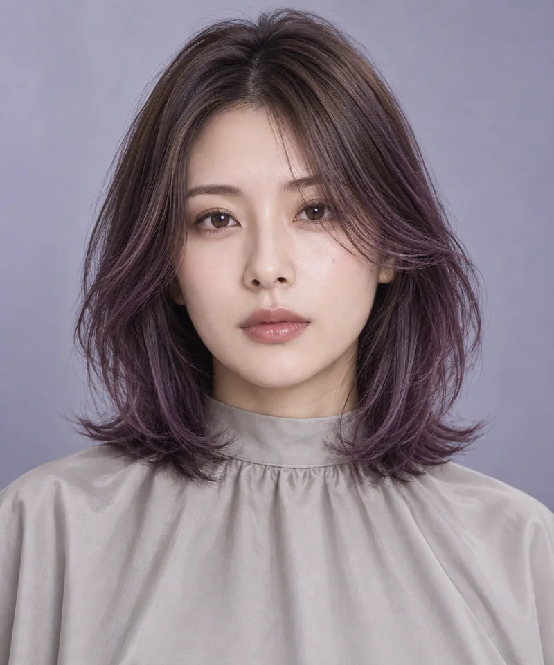 Muted Violet Plum 深色根部肩長 Layered Cut 與 Lavender Tonal Dimension 光澤的未來髮色編輯用形象