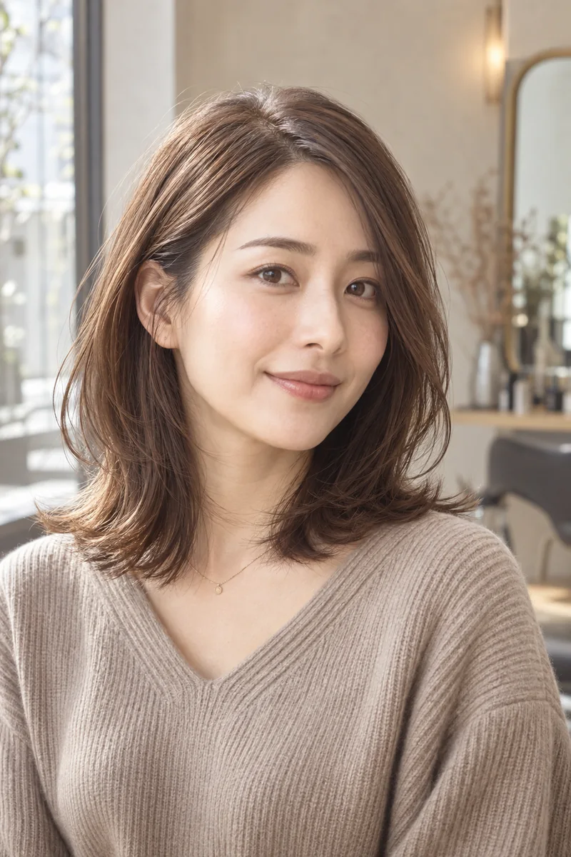 くるみ色 窓辺と横顔・支点・重さ・耳・襟・外し方の条件を確認できる編集用スタイルイメージ