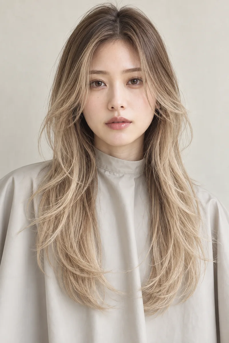 Soft Wheat Blonde 深色根部長 Airy Layered Hair 與 Oat Beige Reflection 光澤的未來髮色編輯用形象