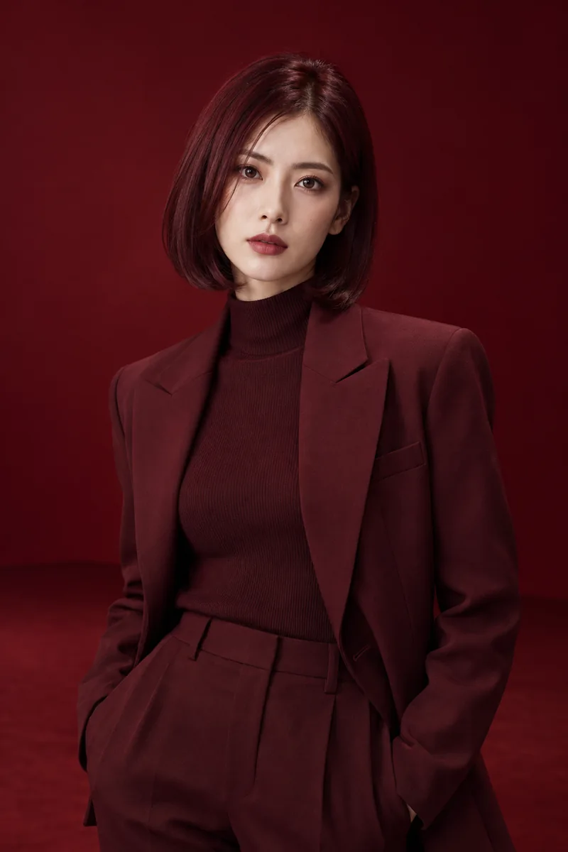 Dark wine-red sleek medium bob in a deep red gallery