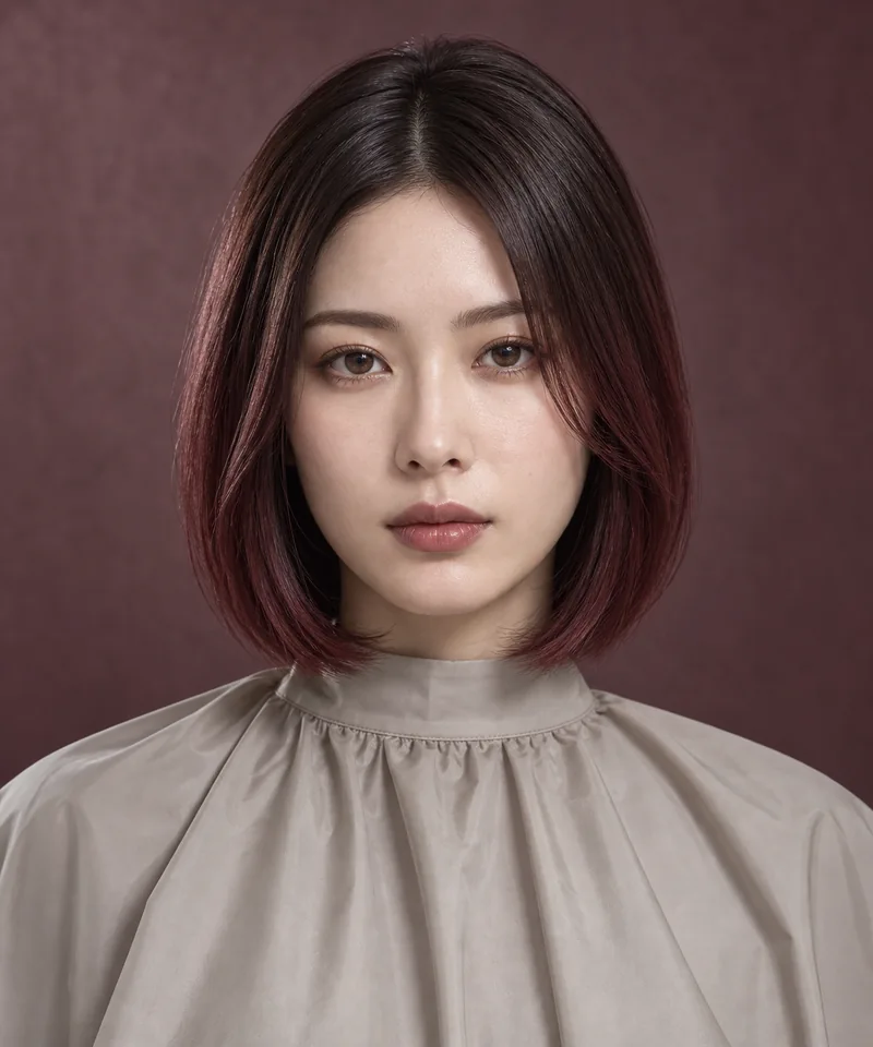 Muted Wine Red Brown 深色根部鎖骨長 Sleek Bob 與 Burgundy Grey Gloss 光澤的未來髮色編輯用形象